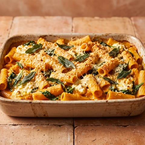 Pumpkin, Sage & Ricotta Baked Rigatoni - Rigatoni baked in a silky pumpkin-sage sauce with ricotta pockets and a Parmesan top