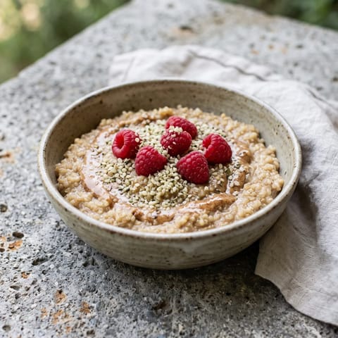 Quinoa Breakfast Bowl with Almond Butter & Raspberries - Warm quinoa cooked in cinnamon milk, swirled with almond butter and topped with raspberries