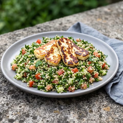 Quinoa Tabbouleh with Grilled Halloumi - A herb-heavy tabbouleh on quinoa with golden halloumi