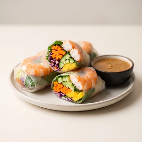 Rainbow Rice Paper Rolls with Cooked Shrimp - Cool rice paper rolls of cooked shrimp, mango, herbs and crunchy veg with peanut-lime dip