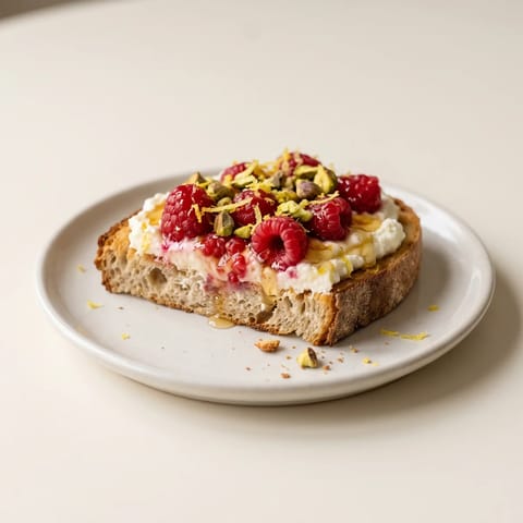 Raspberry & Ricotta Toast with Lemon - Whipped lemony ricotta under crushed raspberries on hot toast