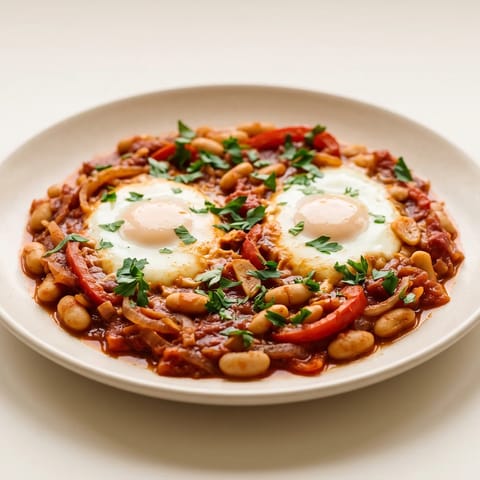 Red Pepper & White Bean Shakshuka - Eggs simmered in a smoky tomato and red pepper sauce with white beans stirred through