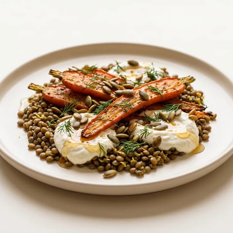 Roast Carrot, Lentil & Whipped Feta Plate - Cumin-roasted carrots over lemony lentils and whipped feta with a honey drizzle