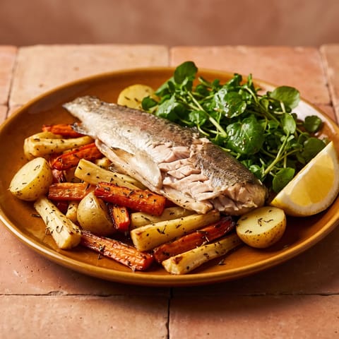 Roast Trout with Root Vegetables & Watercress - Whole-roasted trout fillets over caramelized roots with peppery watercress