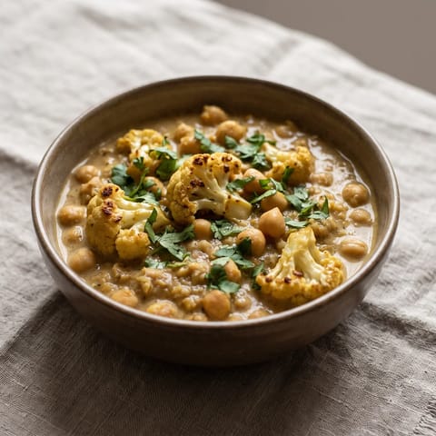 Roasted Cauliflower & Chickpea Korma-Style Curry - A gentle cashew-coconut korma with roasted cauliflower and chickpeas