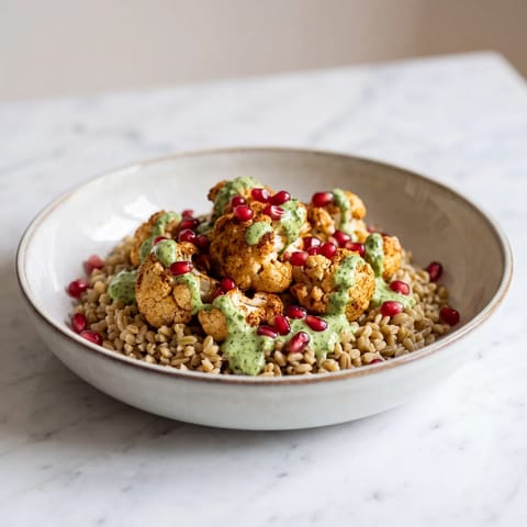 Roasted Cauliflower & Freekeh Grain Bowl - Smoky roasted cauliflower over nutty freekeh with a green tahini sauce