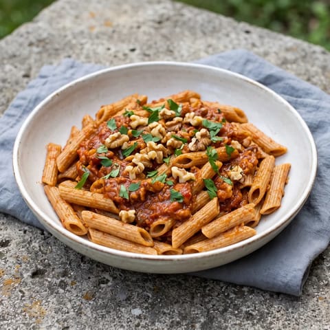 Roasted Red Pepper & Walnut Pasta (Muhammara-Style) - Pasta in a silky sauce of roasted peppers, walnuts and smoked paprika, inspired by muhammara