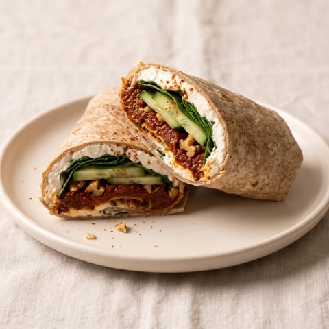 Roasted Red Pepper & Walnut Wraps with Whipped Feta - Whole-wheat wraps spread with whipped feta and muhammara-style walnut-pepper paste, rolled with spinach and cucumber