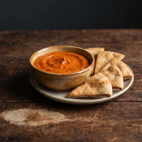 Roasted Red Pepper & White Bean Dip with Pita Chips - A silky roasted pepper and white bean dip with crisp baked pita chips