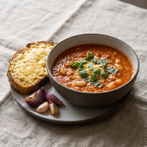Roasted Tomato & Butter Bean Soup with Cheddar Toast - Slow-roasted tomatoes blended with butter beans into a velvety soup, served with proper cheddar toast