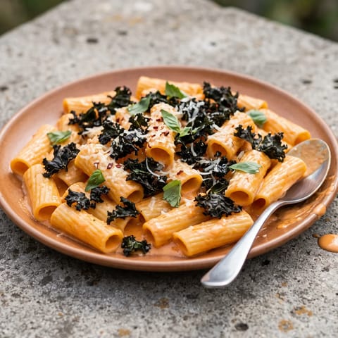 Roasted Tomato & Mascarpone Rigatoni with Crispy Kale - Slow-roasted tomatoes blended with mascarpone into a silky pink sauce, with oven-crisped kale scattered over rigatoni like confetti.