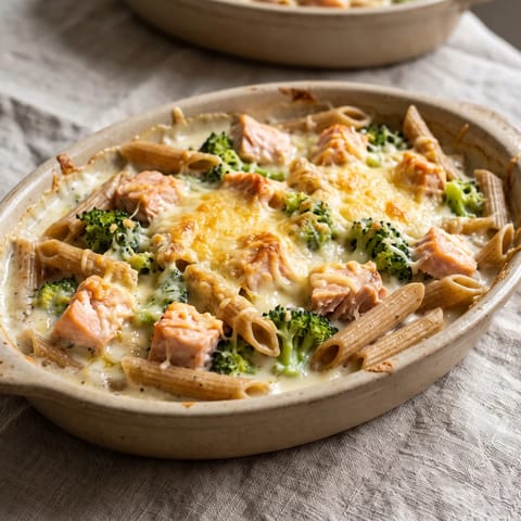 Salmon & Broccoli Pasta Bake - A creamy pasta bake with flaked salmon and broccoli under a golden cheddar crust