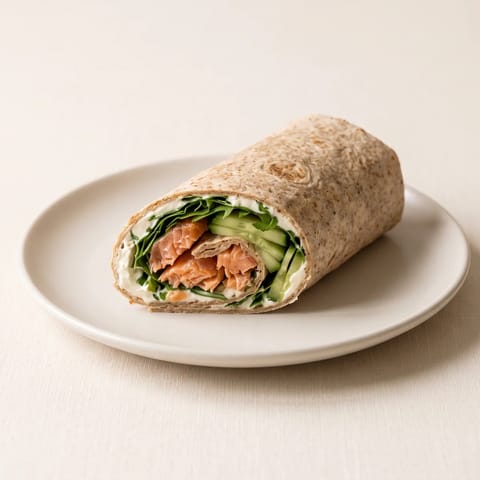 Salmon & Cream Cheese Breakfast Wrap - Hot-smoked salmon, cream cheese, cucumber and arugula rolled tight in a tortilla