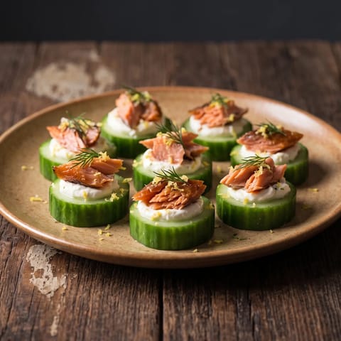 Salmon & Cream Cheese Cucumber Rounds - Cucumber coins topped with cream cheese and hot-smoked salmon