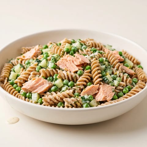 Salmon & Dill Pasta Salad with Peas - Cold pasta salad with flaked cooked salmon, peas, and a lemon-yogurt dill dressing