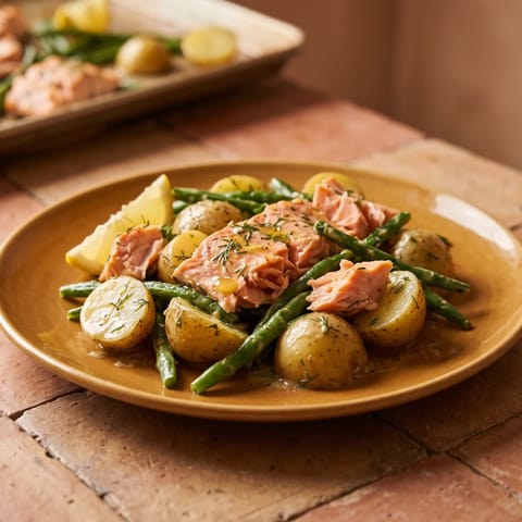 Salmon, Dill & Potato Sheet-pan Salad - Roasted salmon, baby potatoes and green beans tumbled warm into a mustard-dill dressing