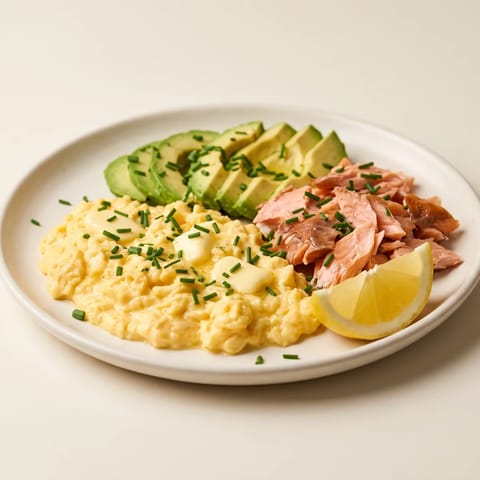 Salmon, Egg & Avocado Plate - Hot-smoked salmon, creamy scrambled eggs and sliced avocado on one plate
