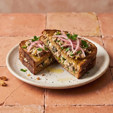 Sardine & Lemon Butter Toast Plates - Hot toast with lemon-butter mashed sardines, quick pickled onion and parsley
