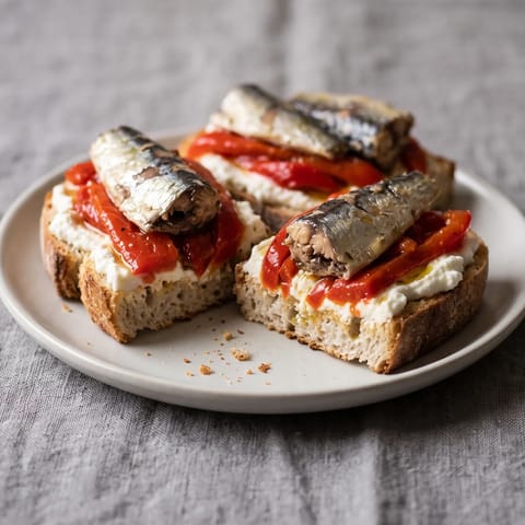 Sardine & Roasted Pepper Toasts with Whipped Feta - Whipped feta toast layered with jarred roasted peppers and sardines
