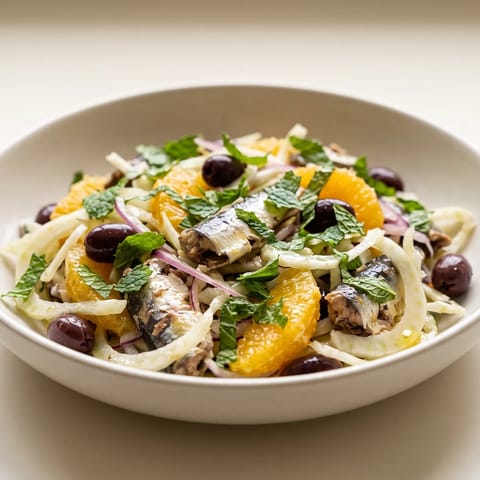 Sardine, Fennel & Orange Salad - Shaved fennel and orange segments with sardines, olives and mint