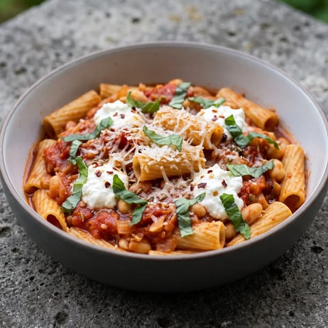 Sausage-Free Rigatoni with Fennel, Chili & Ricotta - Rigatoni in a fennel-seed and tomato sauce with ricotta dollops