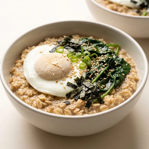 Savory Miso Oats with Fully-Set Egg & Greens - Silky savory oats stirred with miso, topped with wilted greens, a fully-cooked egg and sesame