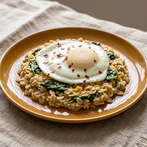Savory Oatmeal with Spinach, Egg & Cheddar - Oats cooked like risotto with spinach and sharp cheddar, topped with a fully-set fried egg