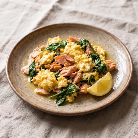 Scrambled Eggs with Hot-Smoked Salmon & Greens - Fully cooked salmon and firm scrambled eggs