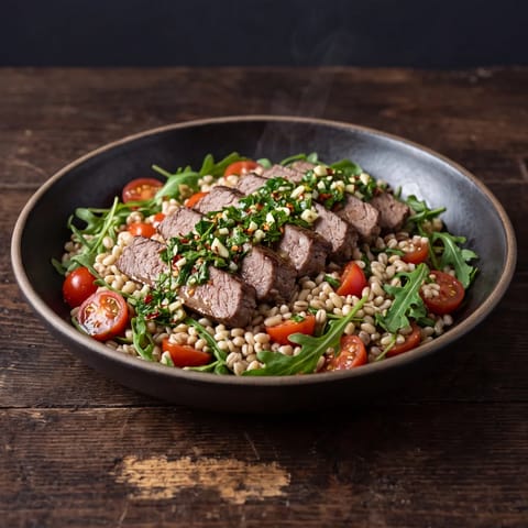 Seared Steak & Chimichurri Grain Salad - Sliced seared steak over a barley and tomato salad drowned in punchy chimichurri
