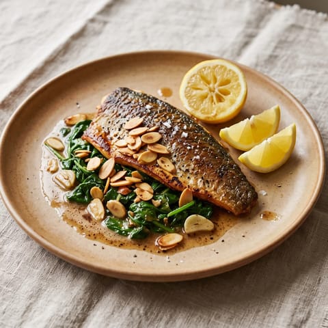 Seared Trout with Brown Butter, Almonds & Greens - Crisp-skinned trout in nutty brown butter with almonds, lemon and wilted spinach