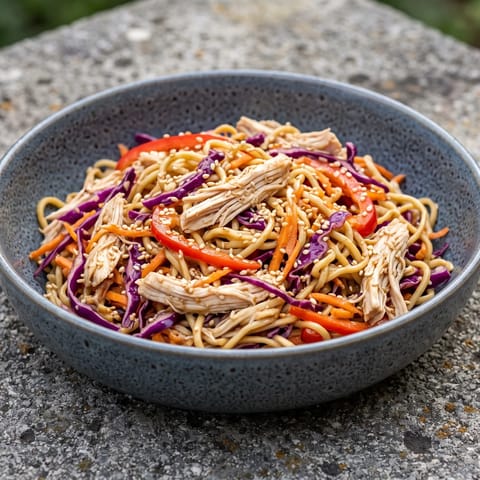 Sesame Chicken & Rainbow Slaw Noodle Bowls - Layered lunch bowls of sesame noodles, shredded chicken and rainbow slaw