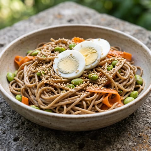 Sesame Soba Bowl with Edamame & Egg - Cold sesame noodles with edamame and a firm boiled egg