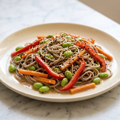 Sesame Soba with Edamame & Rainbow Veg - Chilled soba noodles with edamame, peppers and carrots in a creamy sesame dressing