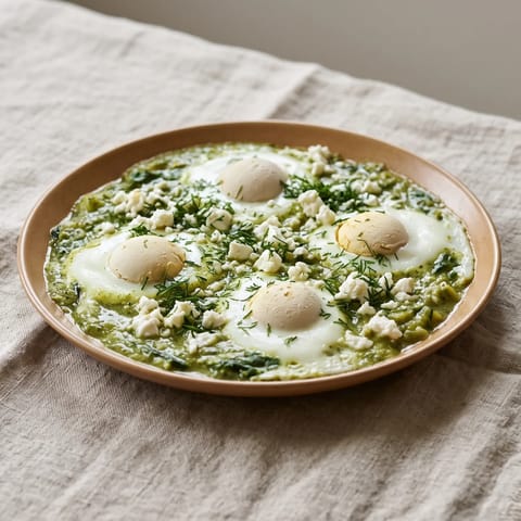 Shakshuka Verde with Feta - Eggs set in a gently spiced green sauce of spinach, zucchini and herbs with feta