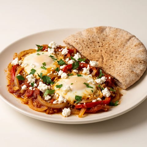 Shakshuka with Feta & Warm Pitas - Eggs simmered in a smoky pepper-tomato sauce with feta and pitas for scooping