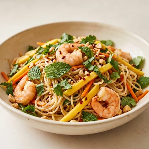 Shrimp & Mango Noodle Salad with Lime - Rice noodles, cooked shrimp and mango in a lime-chili dressing with a mountain of herbs