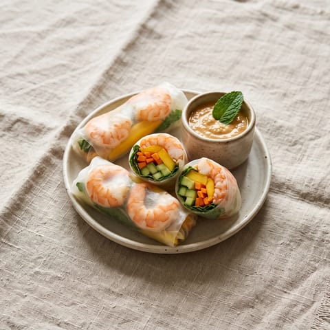 Shrimp & Mango Rice Paper Rolls - Fresh rice paper rolls of cooked shrimp, mango, carrot and mint with a lime-peanut dip
