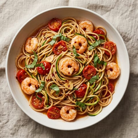 Shrimp & Tomato Zucchini Noodles with Whole-wheat Spaghetti - Garlicky shrimp in a quick cherry tomato sauce over half spaghetti, half zucchini ribbons