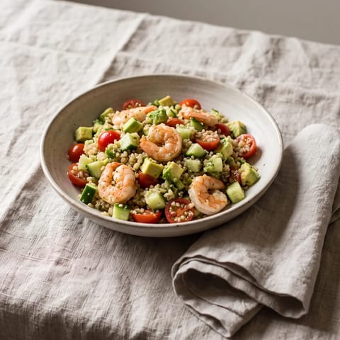 Shrimp, Avocado & Quinoa Salad with Lime - Cooked shrimp over herby quinoa with avocado, cucumber and a punchy lime dressing