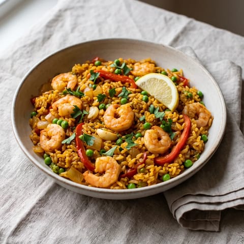 Shrimp, Chorizo-Free Paella-Style Rice - A smoky one-pan paella-style rice with shrimp, peppers and peas