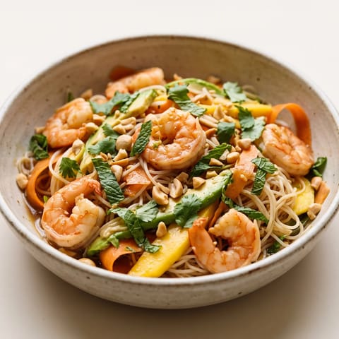 Shrimp, Mango & Avocado Rice Paper Bowls - A deconstructed summer roll: cooked shrimp, mango, avocado and herbs over rice noodles with a lime-tamari dressing.