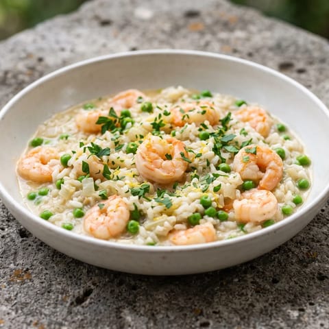 Shrimp, Pea & Lemon Risotto - A classic lemony shrimp and pea risotto stirred to silk