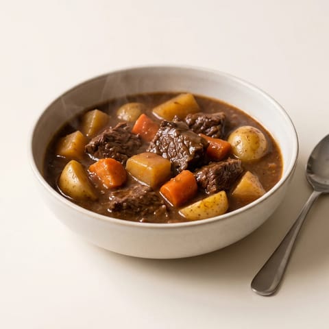 Slow-Braised Beef & Root Vegetable Stew - Fork-tender braised beef with carrots, rutabaga and potatoes in a deep gravy