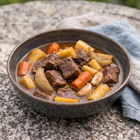 Slow-Cooker Beef & Root Vegetable Stew - Beef, carrots and parsnips in a thyme-scented gravy: twenty-five minutes of morning effort, then the slow cooker handles dinner while the baby naps.
