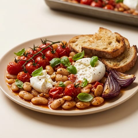 Slow-Roasted Tomato & Garlic Butter Bean Sheet-pan Bake with Burrata - Butter beans roasted in slow tomatoes and garlic oil, finished with torn burrata and basil