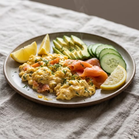Smoked Salmon & Creamy Scrambled Eggs - Creamy scrambled eggs with smoked salmon, avocado and cucumber