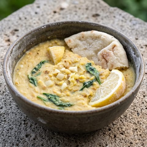 Spiced Red Lentil & Coconut Dal with Naan - A soothing coconut dal, mild by design, with warm naan for scooping