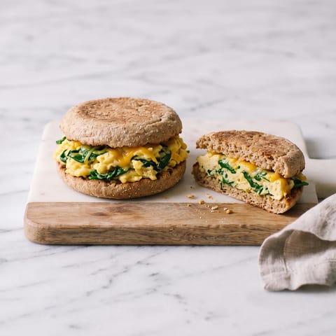 Spinach & Cheddar Scrambled Egg Muffin - Fully-set scrambled eggs with wilted spinach and sharp cheddar in a toasted English muffin