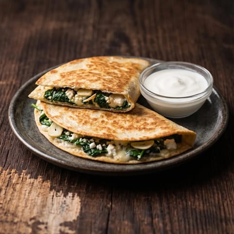 Spinach & Feta Quesadillas with Yogurt Dip - Crisp tortillas sealed around garlicky spinach, feta and mozzarella with a cool yogurt dip