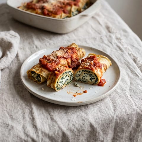 Spinach & Ricotta Pancake Cannelloni-Style Rolls - Savory pancakes rolled around spinach-ricotta filling and baked under tomato sauce